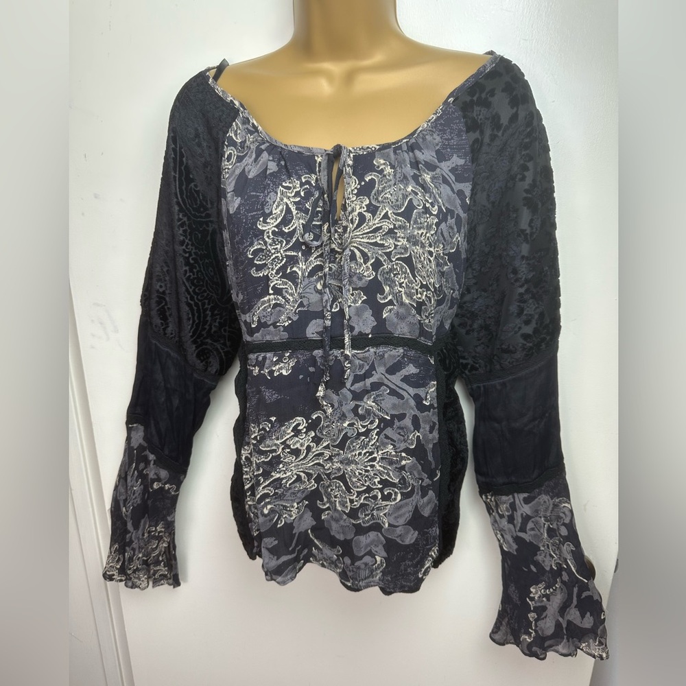 Faded Glory Vintage Burn Out Velvet Mixed Media Bell Sleeve Whimsigoth Top XL